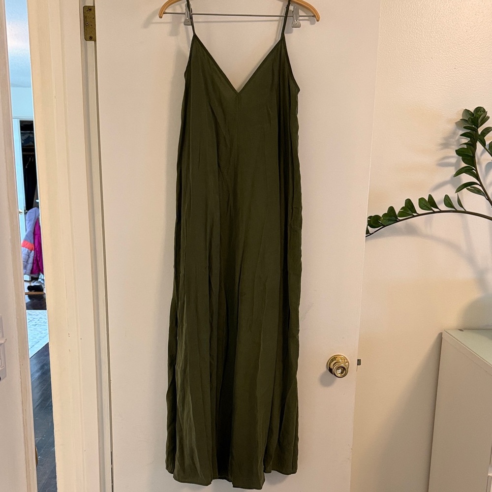 Zara Olive Slip Maxi Dress with V-Neck